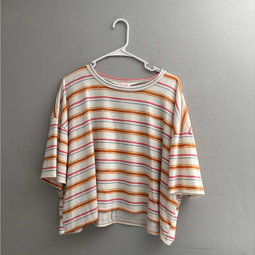 PINK LILY Boxy Cropped Striped T-Shirt
